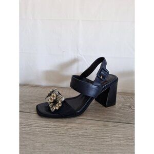 Tory Burch DELANEY Embellished Leather Block Heel Sandals Black Sz 6.5M-flaw